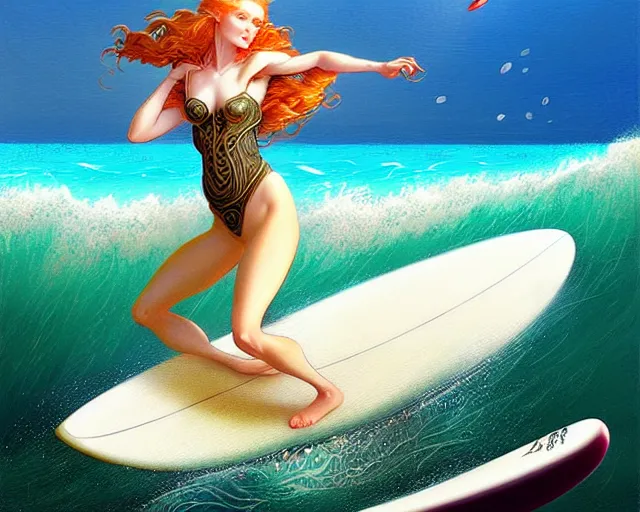 Image similar to beautiful ginger surfer is surfing on a surfboard in a sea of pasta, art nouveau, fantasy, intricate pasta waves, elegant, highly detailed, sharp focus, action art by artgerm and greg rutkowski and wlop