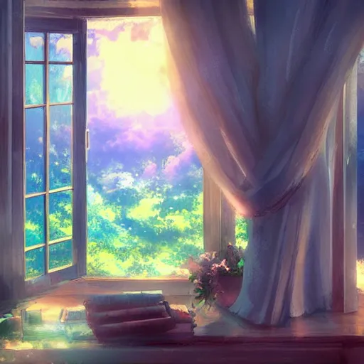 Image similar to a heavenly dream view from the interior of my cozy house from a Makoto Shinkai oil on canvas inspired pixiv dreamy scenery art majestic fantasy scenery cozy window frame fantasy pixiv scenery art inspired by magical fantasy exterior