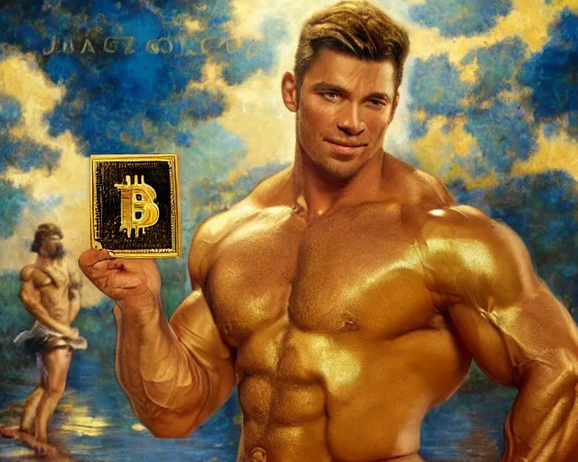 Image similar to attractive muscular man magically holding a golden bitcoin, commercial by annie liebovitz, gaston bussiere, craig mullins, j. c. leyendecker