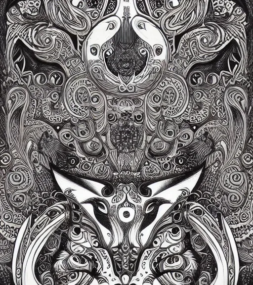 Prompt: ornate fox design pattern illustration design by joe fenton, monochrome using graphite, ink and acrylics on paper