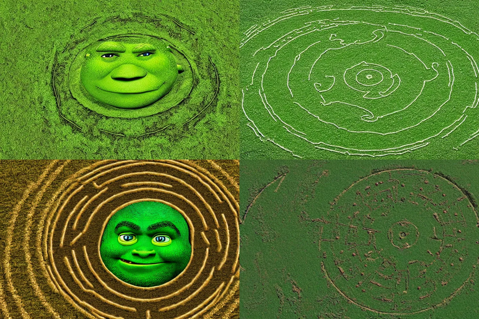 Prompt: photo of a crop circle of shrek, hd