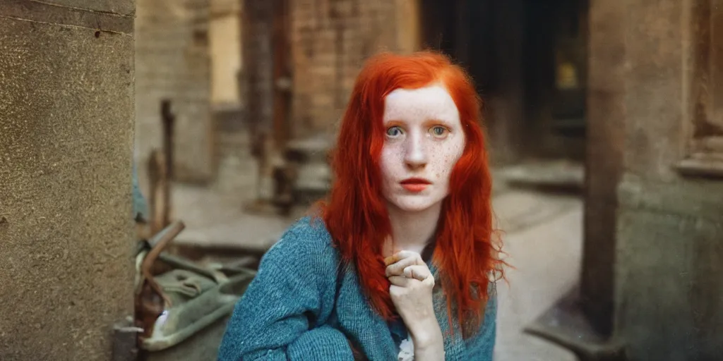 Prompt: a young red haired woman with freckles looks deeply into the camera, 1920's london street, velvia 100, 50mm, f4.0, 1920's style photo