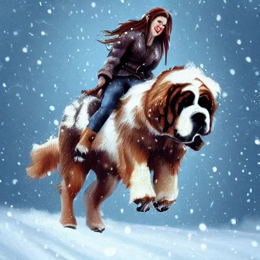 Prompt: girl riding giant saint bernard in the snow, trending on artstation