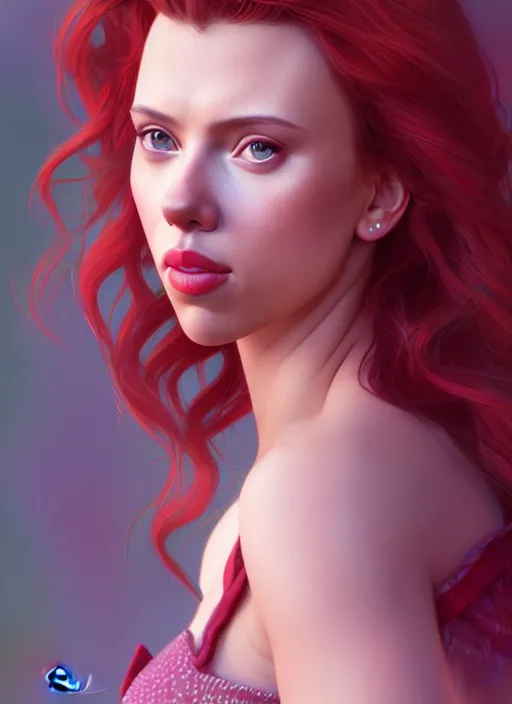 Image similar to scarlett johansson portrait as a disney princess, au naturel, hyper detailed, digital art, trending in artstation, cinematic lighting, studio quality, smooth render, unreal engine 5 rendered, octane rendered, art style by klimt and nixeu and ian sprigger and wlop and krenz cushart