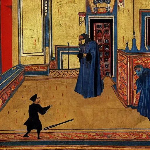 Prompt: Ivan the Terrible in his palace in Moscow is sneaking up on his son with an intention to kill him, wide angle, high detail, cyberpunk, width 768