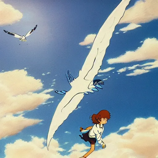 Image similar to A girl flying with a bird-shaped white glider over the clowds, Nausicaa of the Valley of the Wind, Miyazaki Hayao, ghibli style