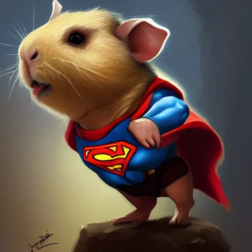 Prompt: cute little anthropomorphic Guinea Pig, dressed as Superman ultra wide lens shot , tiny, small, short, cute and adorable, pretty, beautiful, DnD character art portrait, matte fantasy painting, DeviantArt Artstation, by Jason Felix by Steve Argyle by Tyler Jacobson by Peter Mohrbacher, cinematic lighting