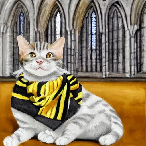 Image similar to oil painting extreme wide shot of a white and grey tabby cat wearing a black yellow striped hufflepuff scarf, in the Gloucester Cathedral cloisters, digital painting, high detail, award-winning, playful