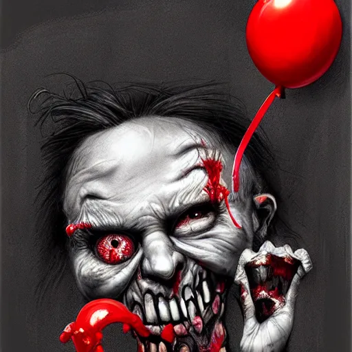 Image similar to surrealism grunge cartoon portrait sketch of a zombie with a wide smile and a red balloon by - michael karcz, loony toons style, mad max style, horror theme, detailed, elegant, intricate