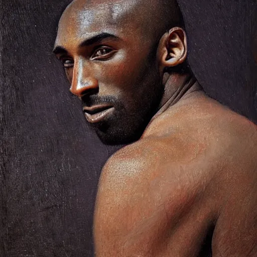 Image similar to portrait of kobe bryant with detailed, textured skin and piercing eyes, by nikolay makovsky