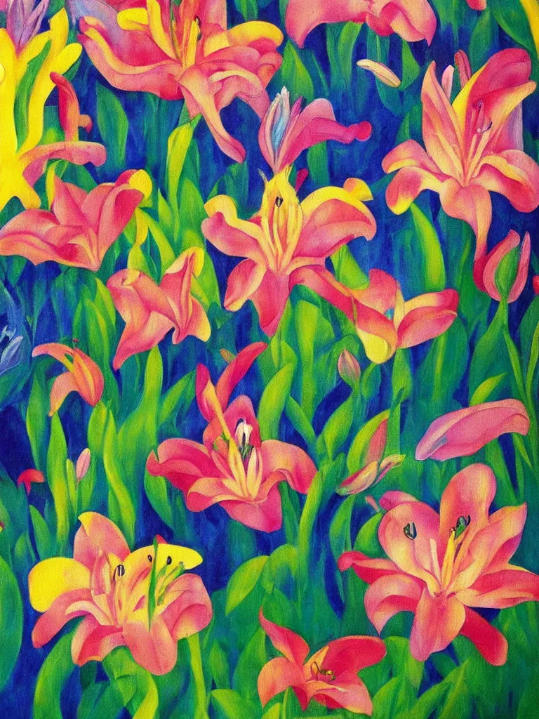 Image similar to an abstract painting of lilies in a pond by georgia o'keeffe,