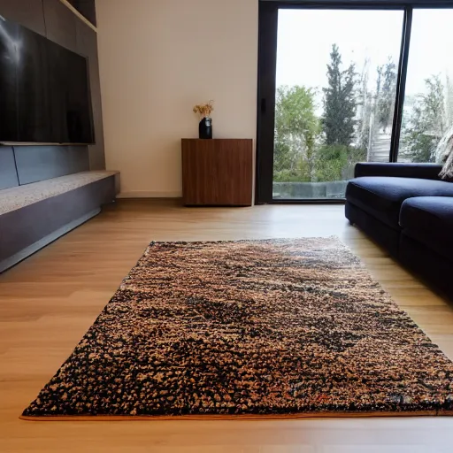 Prompt: a rug made out of a goldendoodle inside of a modern home, 8k, extremely detailed, interior design photography