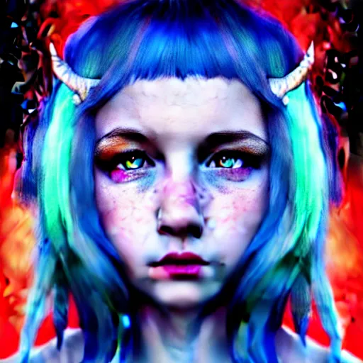 Image similar to The dragon girl portrait, portrait of young girl half dragon half human, dragon girl, dragon skin, dragon eyes, dragon crown, blue hair, long hair, highly detailed, cinematic lighting, Matte painting by David Lynch