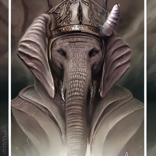 Image similar to Warlock with elephant traits. Character portrait, face close-up, of an anthro elephant warlock in the style of Bastien Lecouffe-Deharme