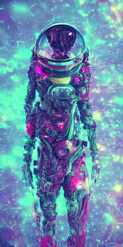 Prompt: impossibly beautiful alien hunter in a spacesuit, brain parasite, intricate complexity, horror, psychedelic glitch art, rainbow drip paint, trending on art station, photoreal, 8k, octane render