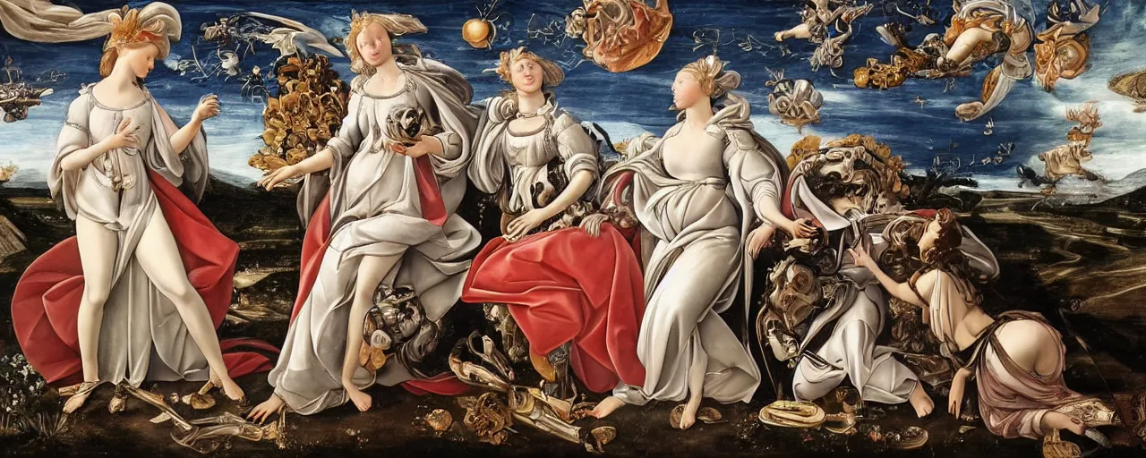 Prompt: hyperdetailed photorealistic elaborate astronauts with elegant maximalist baroque clothes. seen from the distance in a wide beautiful natural landscape. in the style of Caravaggio and Botticelli, with sci-fi flemish baroque mixed media elements. pastel tones. matte background HD 8x