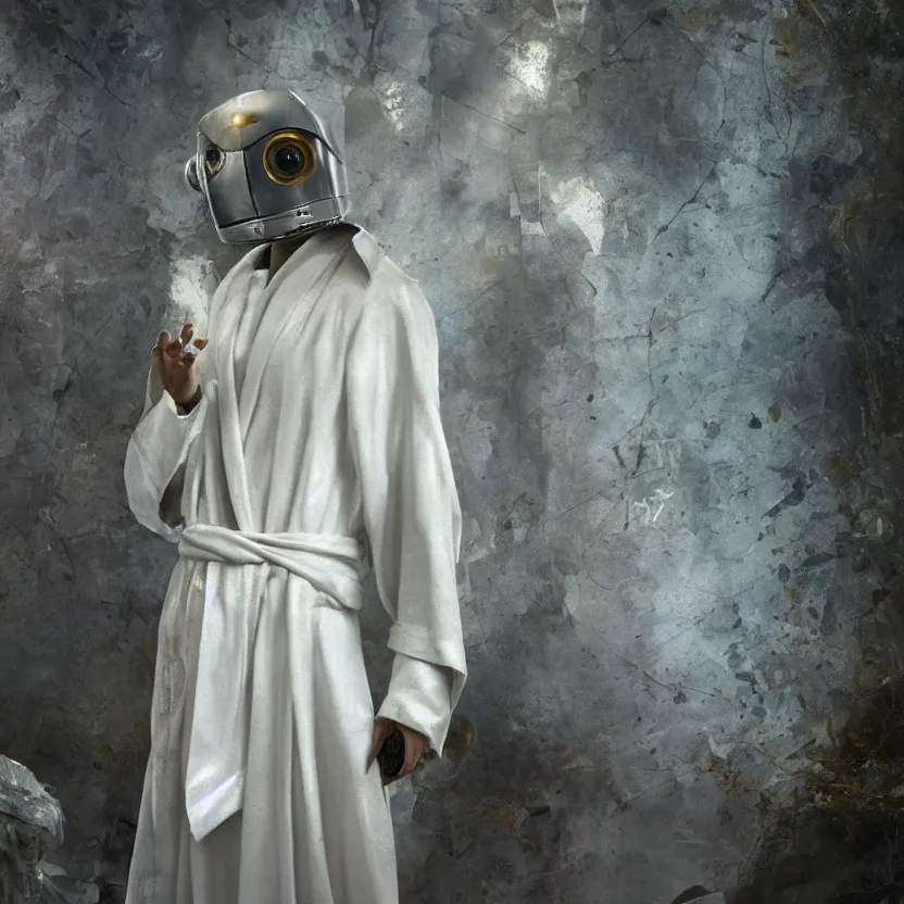 Prompt: a close up shot of a robot in a white robe standing in an abandoned sanctuary, sharp focus, shallow depth of field, blurred background, extravagant matte painting, highly detailed oil painting, 8k, devastatingly beautiful atmosphere, elegant cinematic fantasy art, overwhelming depth and detail, magic, soft colors, masterpiece