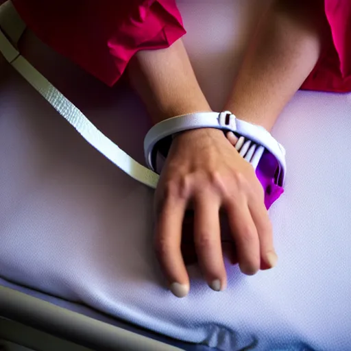 Prompt: confused laughing clown lying in hospital bed with wrist restraints on, restraints have fabric straps attached to hospital bed, photograph, 8 k