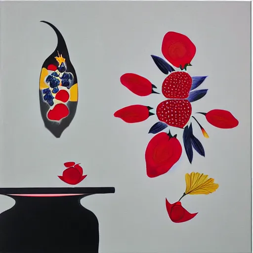 Image similar to “art in an Australian artist’s apartment, portrait of a woman wearing stained white cotton cloth, yin Yang, golf leaf, stained by fresh raspberries and strawberries and blueberries, white wax, edible flowers, Japanese pottery, Australian native white and red flowers ikebana, black walls, acrylic and spray paint and oilstick on canvas”