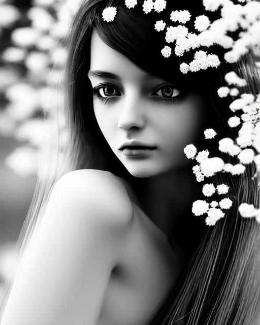 Image similar to black and white dreamy young beautiful veiled female artificial intelligence, realistic flowers ornament in the face, long hair are intricate with highly detailed realistic flowers, cinematic, rim light, bokeh, photo - realistic, elegant, high detail, 8 k, masterpiece, photo taken in 1 9 3 0