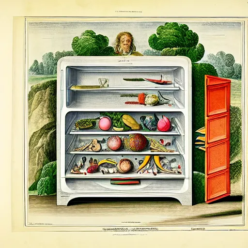 Prompt: anatomical diagram of a refrigerator, by maria sibylla merian