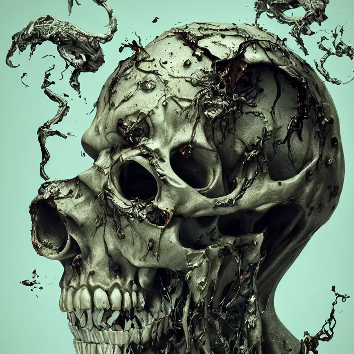 Prompt: portrait of a haunted melting skull. razor sharp teeth. infected with zombie fungus. intricate abstract. intricate artwork. nightmare fuel. by Tooth Wu, wlop, beeple, dan mumford. octane render, trending on artstation, greg rutkowski very coherent symmetrical artwork. cinematic, hyper realism, high detail, octane render, 8k, iridescent accents