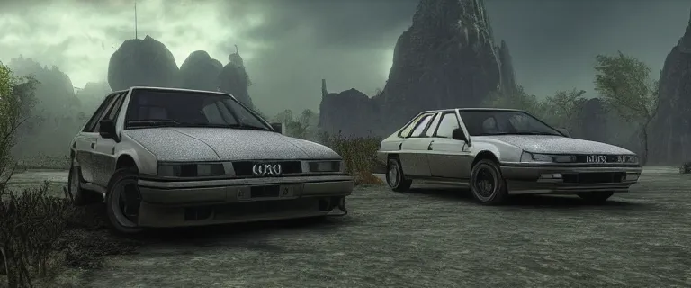Prompt: Armored Audi 80 B3 Avant (1988) facing off a dark knight, The Elder Scrolls III: Morrowind, an epic fantasy, Morrowind, Consulting Vivec, dramatic lighting, cinematic, establishing shot, extremely high detail, photorealistic, cinematic lighting, artstation, by simon stalenhag