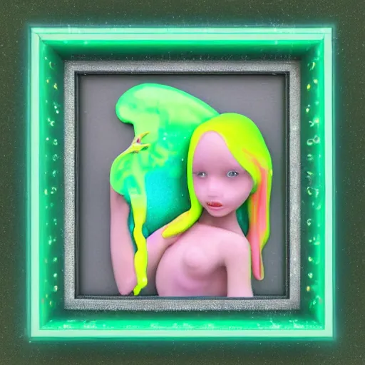 Prompt: angel in disguise, slimy slime drenched skinny divine holy androgynous being of glitter glue, pastel cute slime, 3 d polygon ui of neon ornamental rococo frames, 3 d render