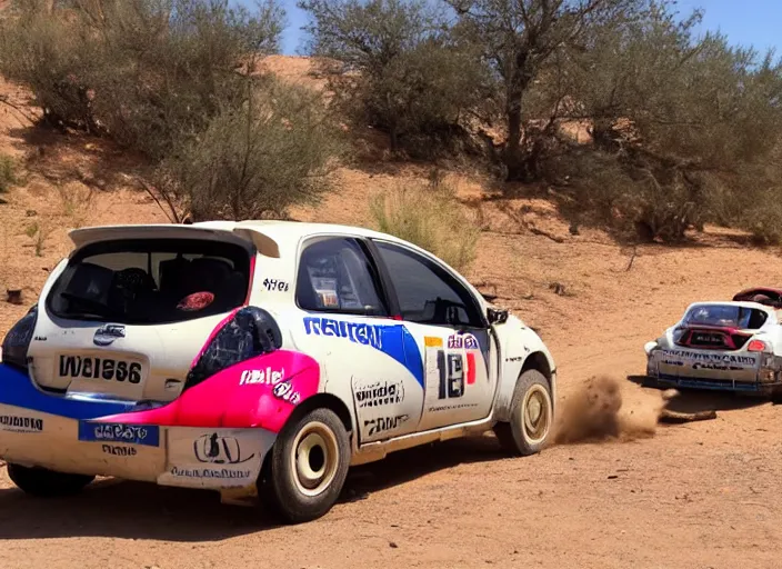 Image similar to a familj car nissan micra broke down in the desert during paris dacar rally