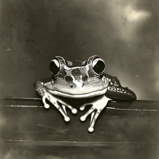 Prompt: Victorian Photograph of a frog in a swamp