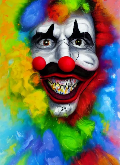 Prompt: clown, chaotic paint splashes, oil paint, depth