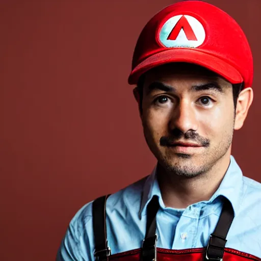 Image similar to Professional corporate portrait of Mario wearing his Mario hat and overalls, Nintendo, studio lighting, 85mm lens
