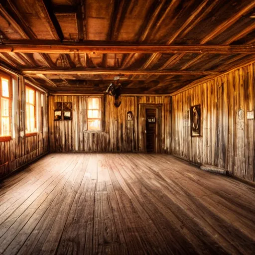 Image similar to Empty Old West Saloon at the break of day, dust particles in the air, god beams coming through the windows, hyper realistic, HD, DLSR Camera, Rococo style