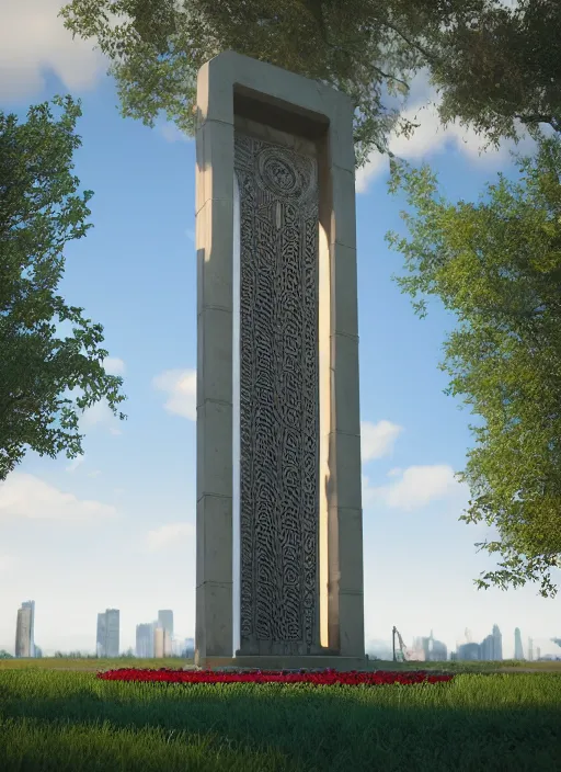 Image similar to highly detailed realistic architecture 3 d render of a futuristic stele monument in frank lloyd wright style standing in city park, archdaily, made in unreal engine 4 octane render