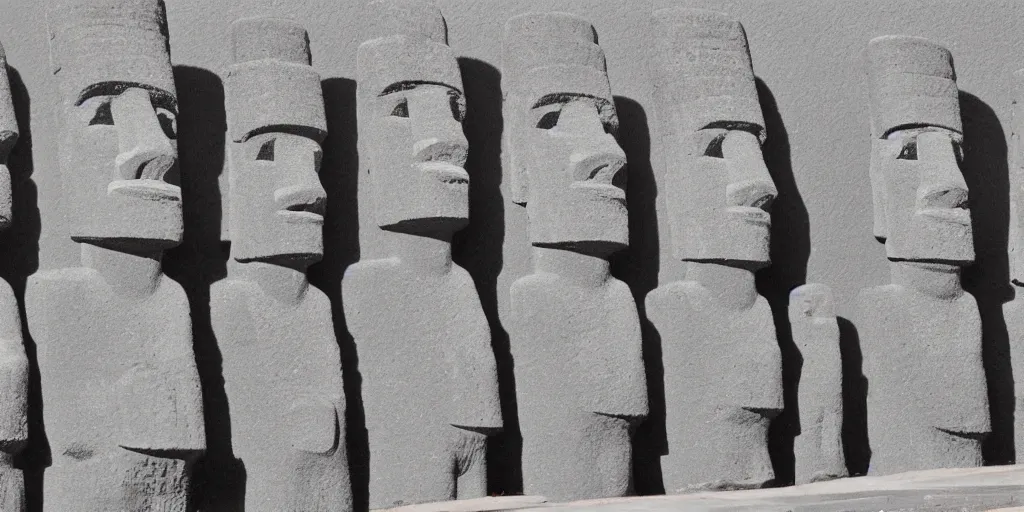 Prompt: charcoal drawing of easter island heads in the shape of lego people