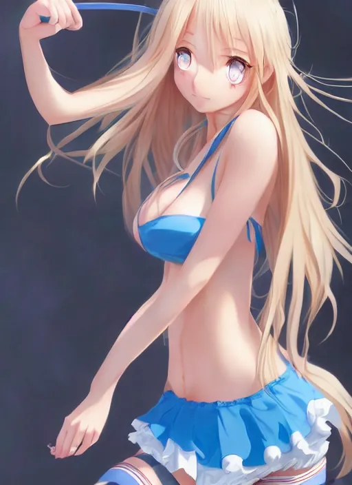 Prompt: a very beautiful young anime giantess with her tiny dad, full body, long wavy blond hair, sky blue eyes, full round face, evil grin, bikini, miniskirt, front view, mid - shot, highly detailed, cinematic wallpaper by stanley artgerm lau