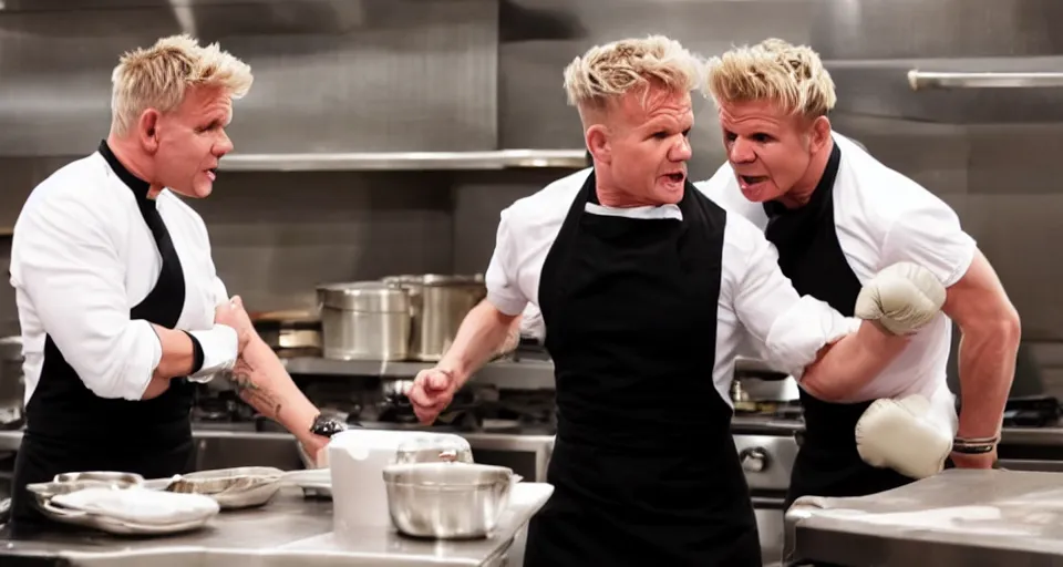 Image similar to photo of angry furious Gordon Ramsay punching Gordon Ramsay at the kitchen