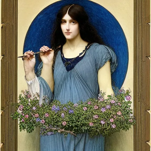 Image similar to Symmetric Pre-Raphaelite painting of a beautiful woman with dark hair in a transparent silk light blue dress, surrounded by a halo frame of flowers and a highly detailed mathematical drawings of neural networks and geometry by Doré and Mucha, by John William Waterhouse, Pre-Raphaelite painting