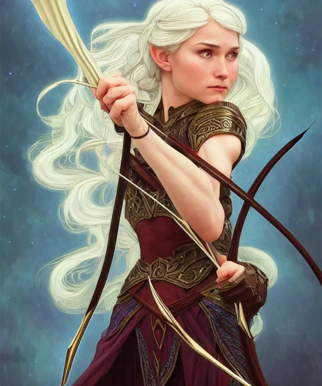 Image similar to ( ( ( aurora aksnes ) ) ) as a strong powerful angry fantasy elf with a bow and arrow, portrait, fantasy, intricate, elegant, highly detailed, digital painting, artstation, concept art, smooth, sharp focus, illustration, art by artgerm and larry elmore and alphonse mucha