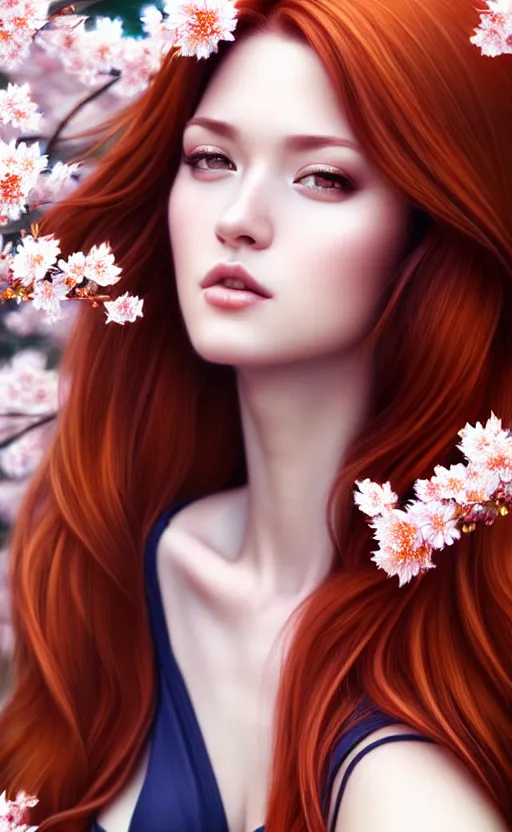 Image similar to photo of a gorgeous female with auburn hair in the style of stefan kostic, realistic, body shot, sharp focus, 8 k high definition, insanely detailed, intricate, elegant, art by stanley lau and artgerm, cherry blossoms