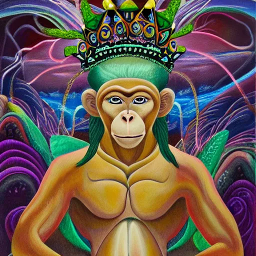 Prompt: an anthromorphic monkey man wearing a crown meditating in a zen garden with a waterfall, by amanda clark and amanda sage in a psychedelic style, oil on canvas