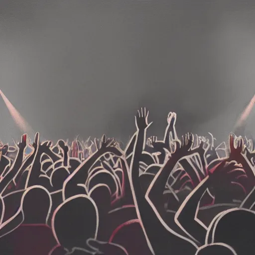 Prompt: an old school hip hop concert taking place on a basketball court behind a large brick apartment at night, many people dancing with their hands in the air, a rapper is standing on stage yelling into the mic, a dj with audio equipment at the back of the stage, hyperrealistic painting, foggy, light streaks