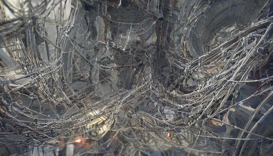 Image similar to Intricate Structure with cables wrapped around with insane Details, High Detail Rendering, Octane, Redshift, Unreal Engine 5, Cinematic Lighting, Cinematic, Depth of Field, Anamorhpic Lens, Hyperrealism, Hyperdetailed, Smooth Gradients, Color Palette, Concept Art