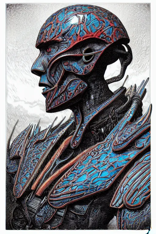 Prompt: a vibrant ultraclear sideview waist up portrait of warhammer aramus by rene magritte and laurie greasley, etching by gustave dore, colorful flat surreal, ethereal, intricate, sharp focus, illustration, highly detailed, digital painting, concept art, masterpiece