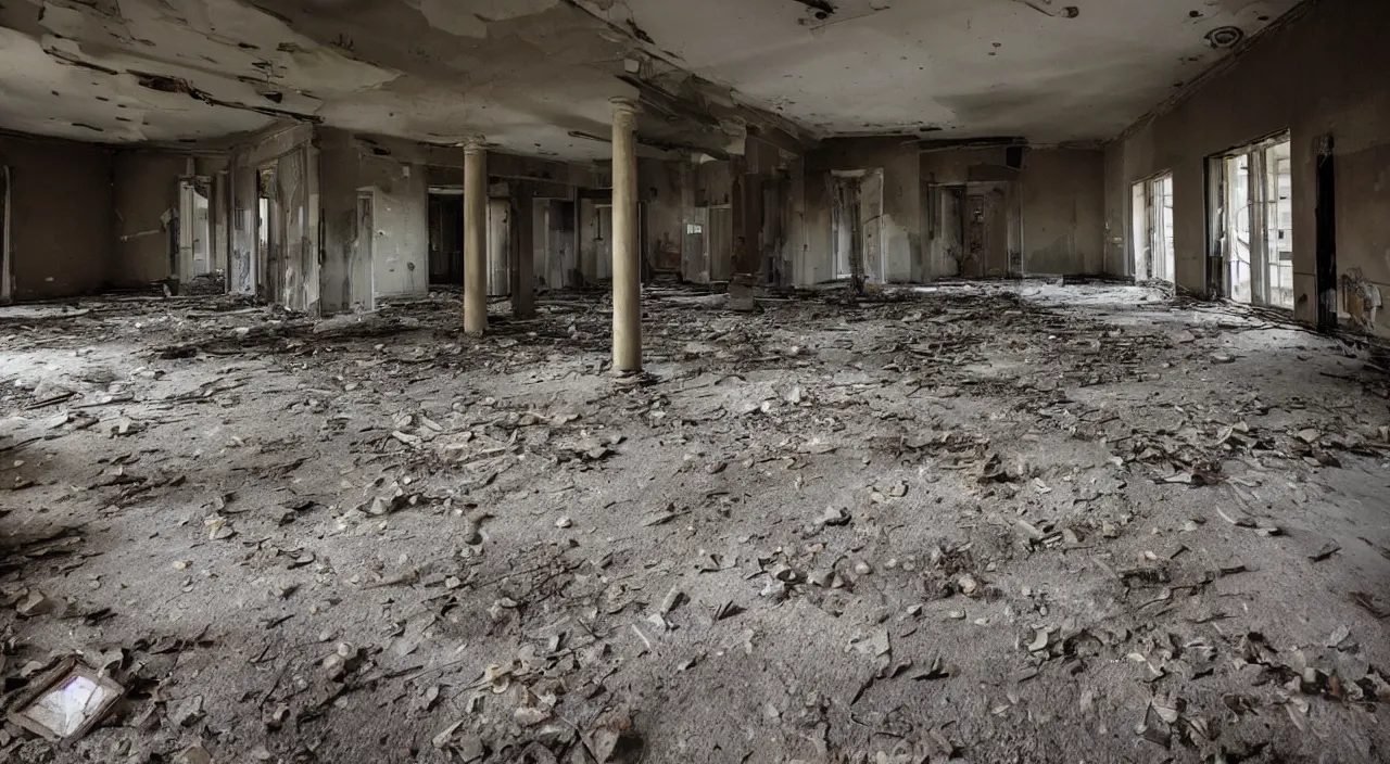 Image similar to photograph of the inside of a rotting abandoned hospital with a checkered floor, dark, no windows, horror | joe biden barely in view in the corner with a demonic grin on his face