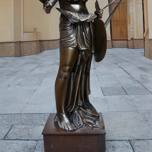 Prompt: full size beautiful marble statue of athena, sword in her hands, realistic proportions, realistic face, hyperrealistic, front view