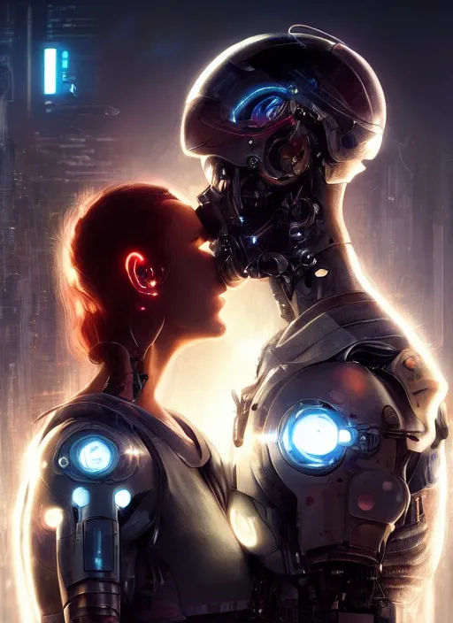Image similar to ultra realistic close - up of a couple of cyborgs kissing, lovers, cyberpunk, sci - fi, fantasy, led color, flare, soft light, night, highly detailed, digital painting, concept art, sharp focus, illustration, art by artgerm and greg rutkowski