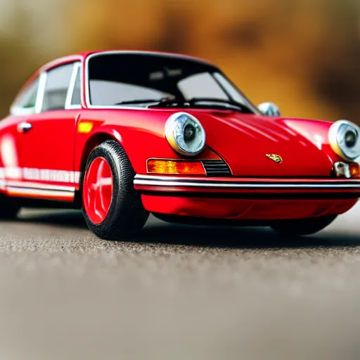 Image similar to close up photo of a small toy porsche 9 1 1 9 6 4 on a road stripe, cinematic, shallow dof, 3 5 mm, 4 k, macro