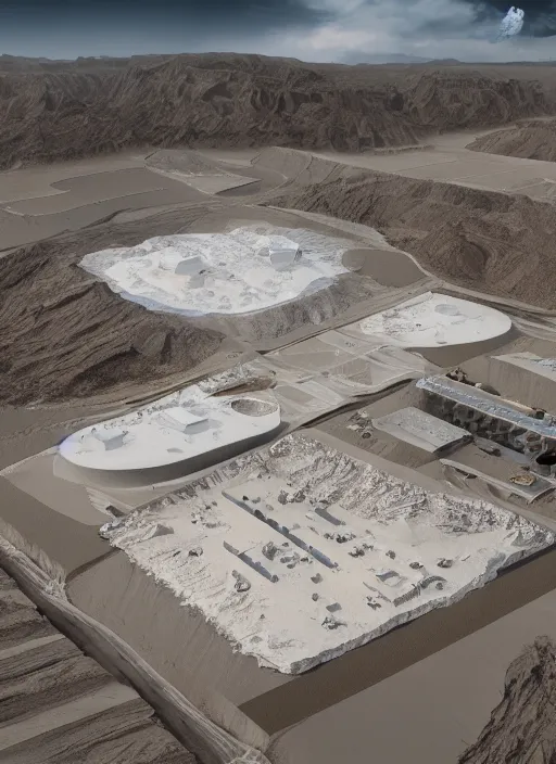 Image similar to hologram bioremediation white architecture, in the mining tailings of chuquicamata, epic, cinematic, hyperealistic, high detailed, corona render, hdr, ray tracing