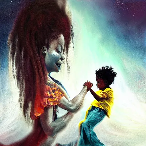 Prompt: Michal jackson dancing with a little kid in heaven, cinematic, beautiful digital painting, hyper detailed